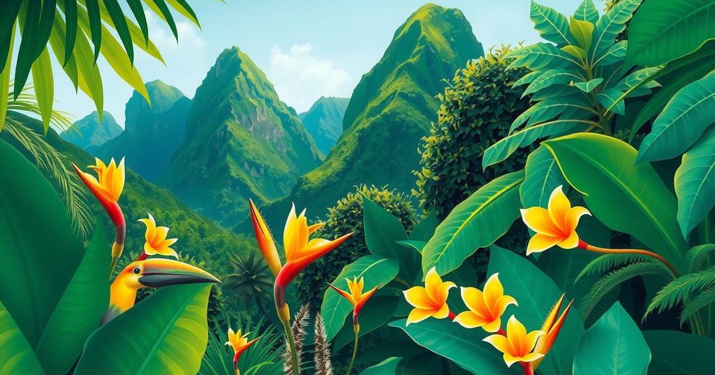 A vibrant illustration of St Lucia's landscape adorned with tropical flora and fauna, highlighting the island's beauty.