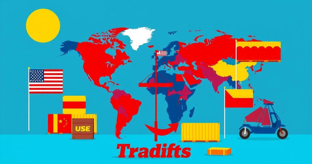 A vibrant political scene representing tariffs and international relations in bold colors.