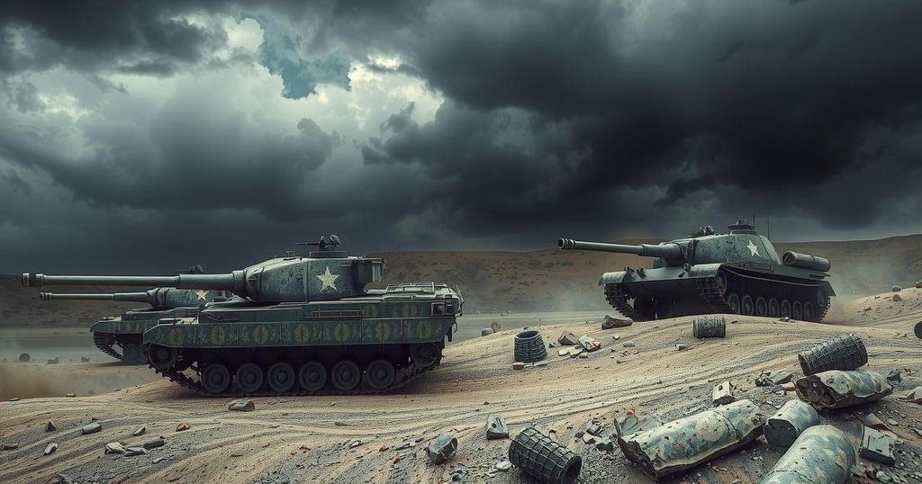 A military-themed illustration featuring tanks in a war-torn landscape with dark clouds, symbolizing conflict.