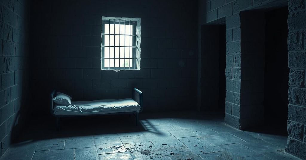 A dark prison cell with inhumane conditions and a dim light, representing the overall atmosphere of confinement.