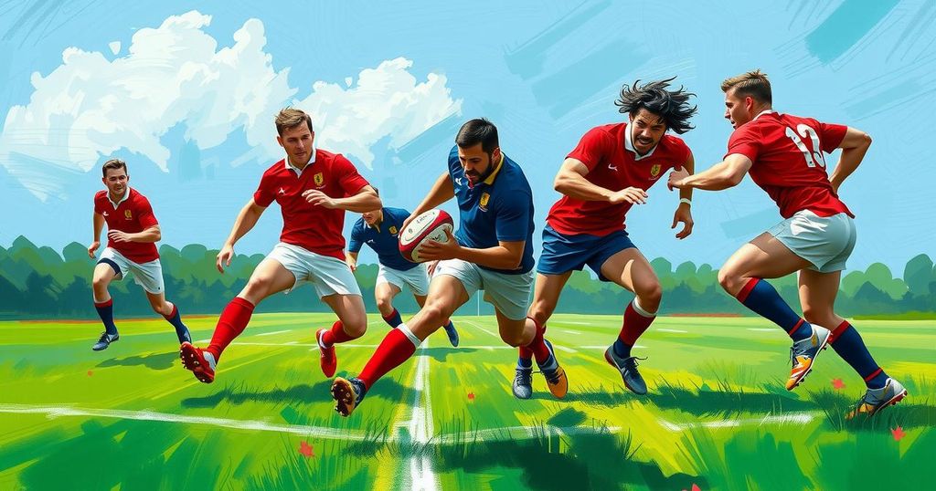 A dynamic rugby scene capturing players in action on a field during an exciting match against the USA.