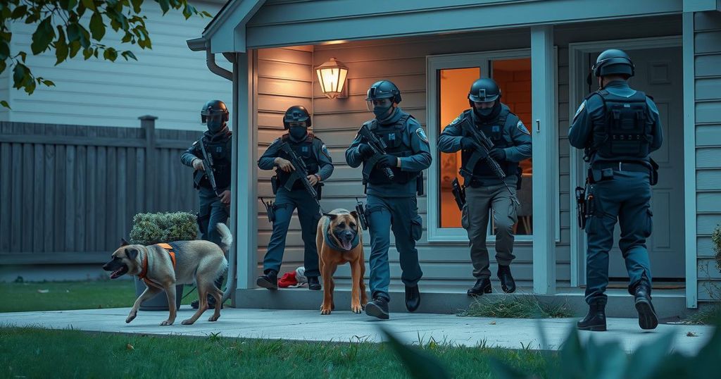 Trinidad police rescue operation with officers and canine unit at a residential house, capturing suspects and rescuing individuals.