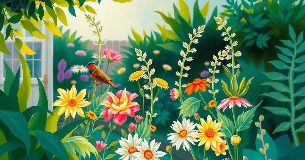 Serene landscape depicting a peaceful backyard with colorful flowers and green plants under a clear blue sky.