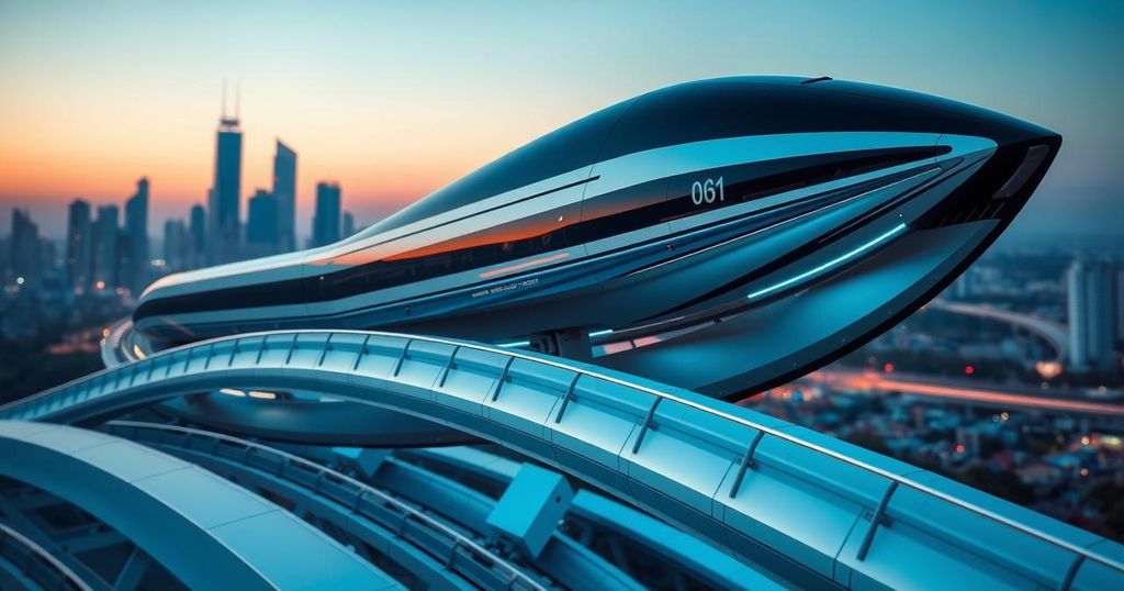 A high-speed maglev train hovering above a track, showcasing advanced technology and electric motors.