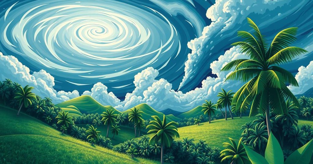 A vibrant landscape with tropical cyclones forming over a lush Madagascar, symbolizing climate change impacts.