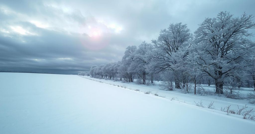 Frosty landscape with snow-covered ground and barren trees under a gray sky, depicting winter's icy grip.