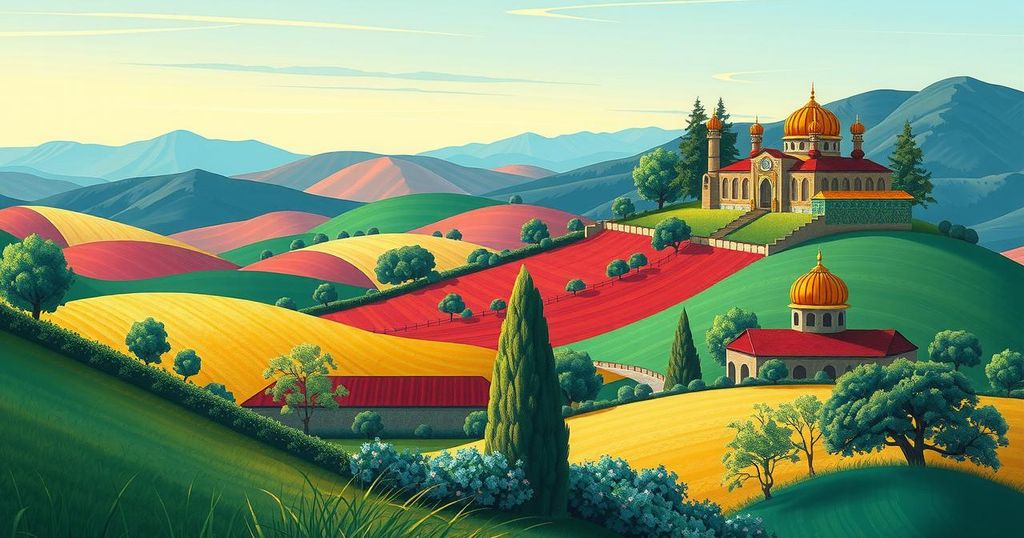 Colorful landscape combining Hungary and Uzbekistan flags, vibrant nature, and a serene atmosphere.