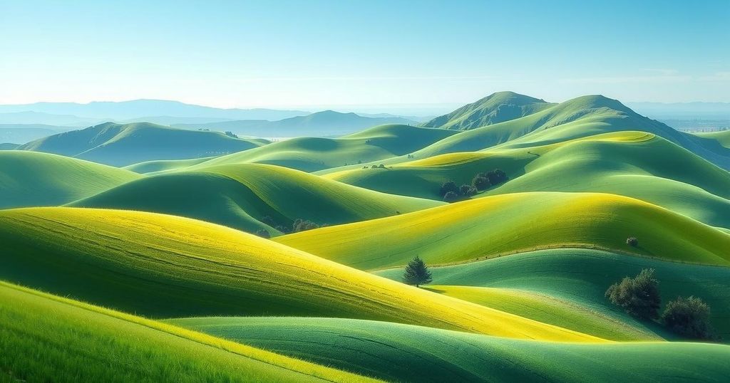 A serene landscape featuring green hills under a soft blue sky, symbolizing peace and reflection.
