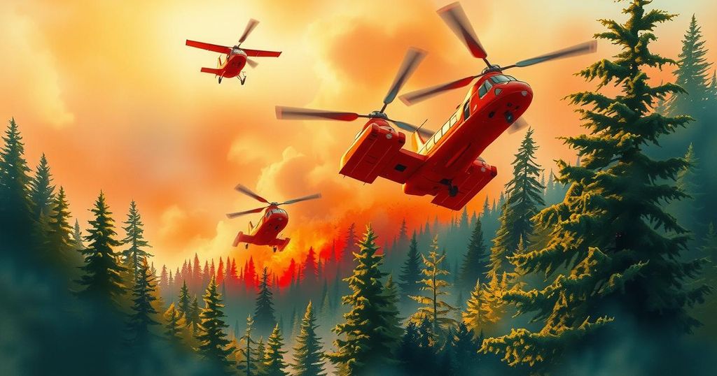 Vibrant forest landscape with smoke and firefighting aircraft in the sky, captured in a watercolor style with warm colors.