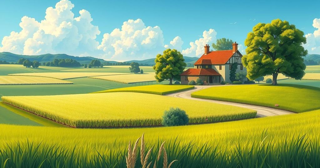 Vibrant rural landscape with lush greenery, traditional farmhouse, and a clear blue sky, symbolizing homecoming.