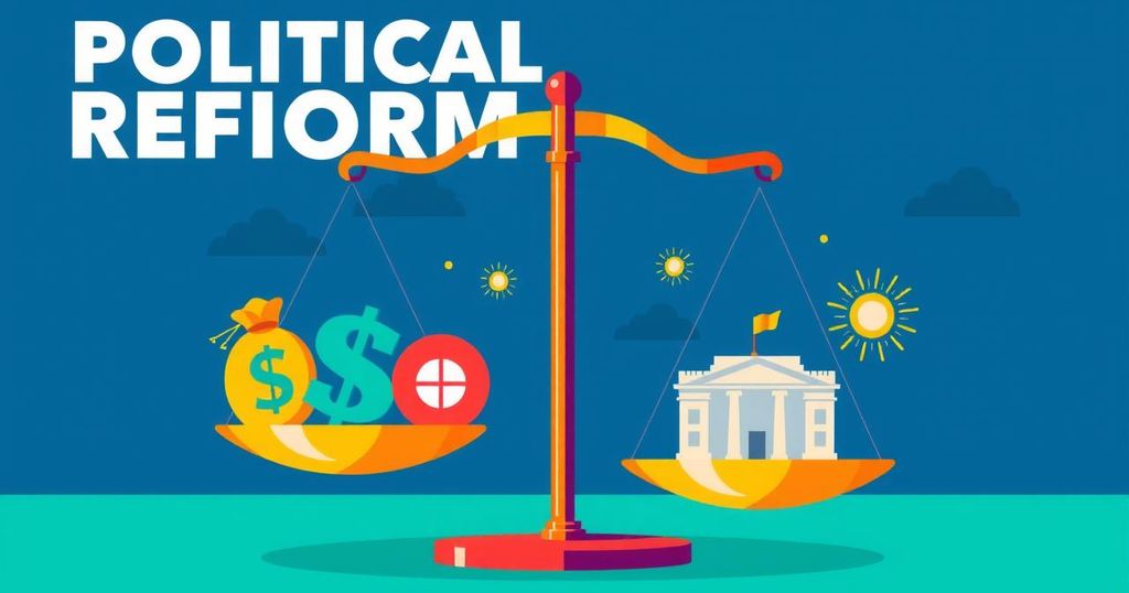 A symbolic illustration of political reform, featuring scales balancing money and democracy symbols, in vibrant colors.