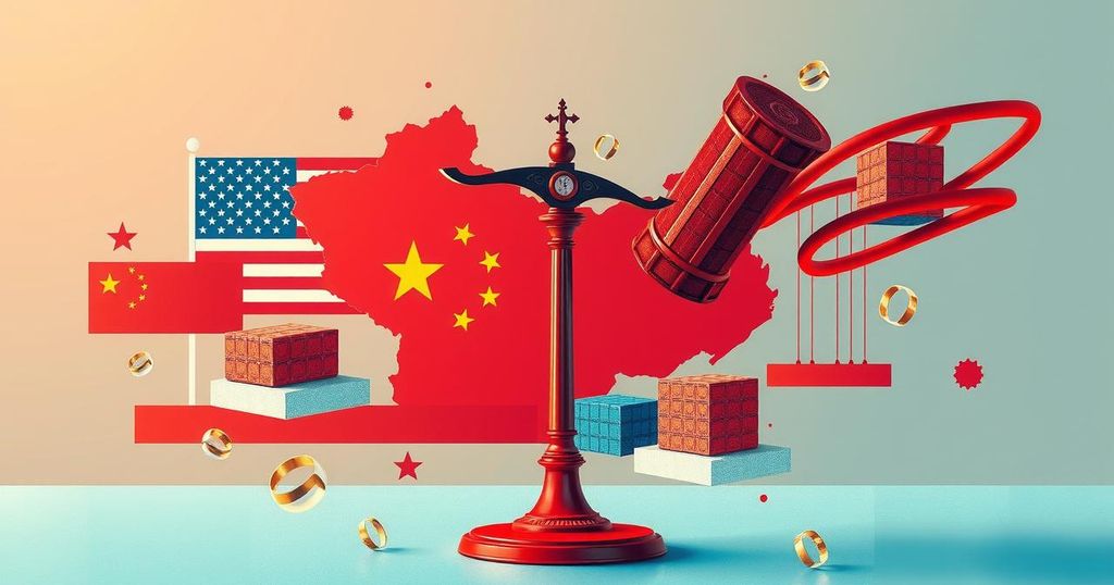 An abstract representation of U.S.-China relations, with symbolic imagery of scale and balance, in warm and cool colors.
