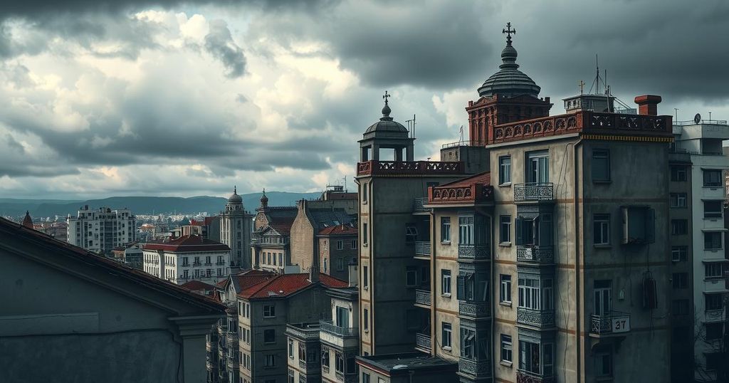 A somber cityscape of Lebanon with dark, cloudy skies reflecting a banking crisis for SEO.
