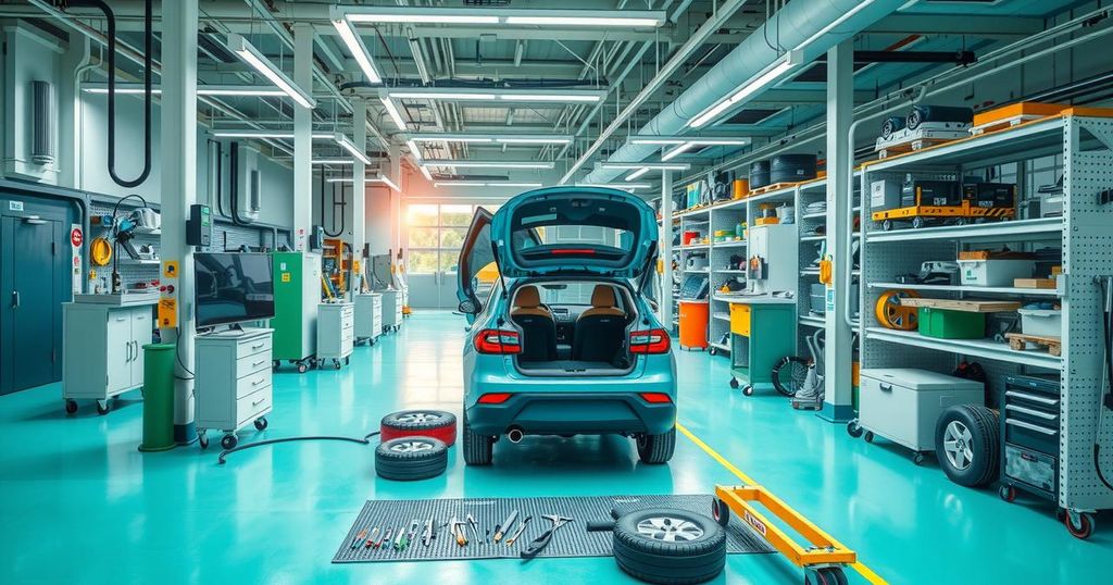 Electric vehicle assembly plant in Brazil with modern machinery and eco-friendly production process.