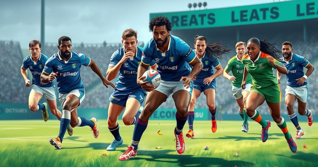 Fiji rugby team players in action during a match against the Wallabies with vibrant colors and dynamic movement.