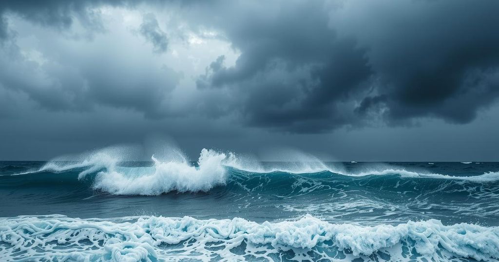 Grey storm clouds over crashing waves symbolizing the tropical storm and expected heavy rains in Thailand.