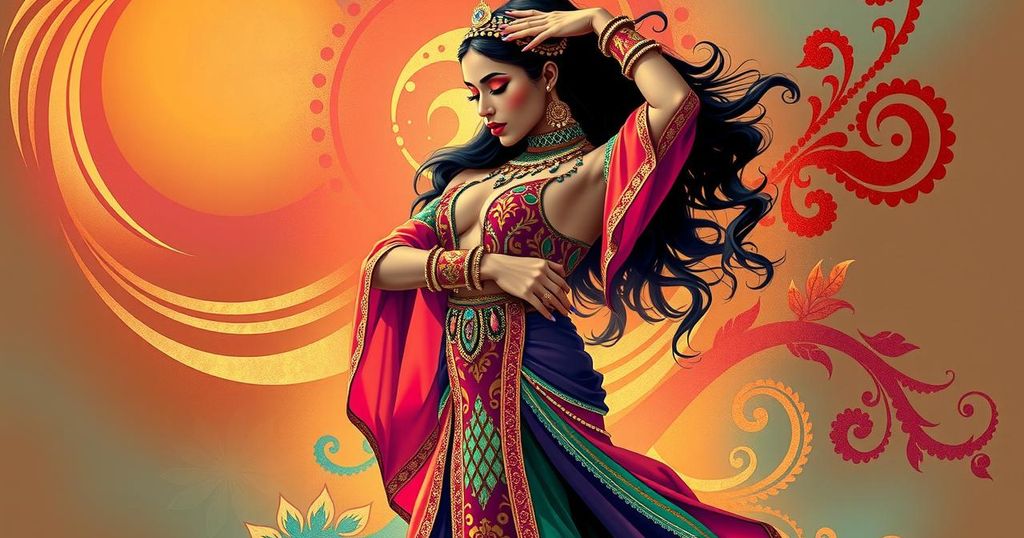 A vibrant illustration of a belly dancer in colorful attire, surrounded by exotic motifs and warm tones, inspired by Middle Eastern art.