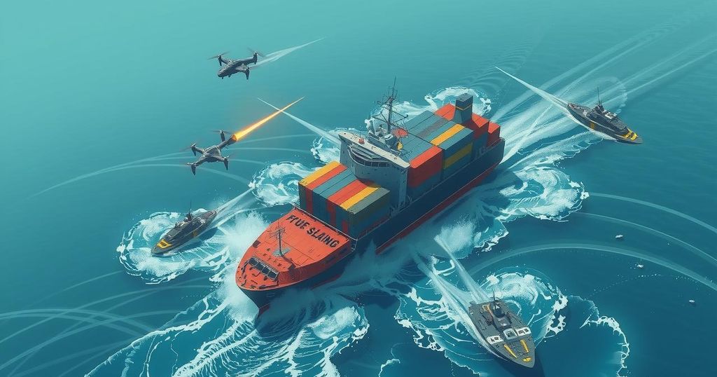 A cargo ship under attack in the Red Sea by small boats and drones, illustrating tension in maritime trade.