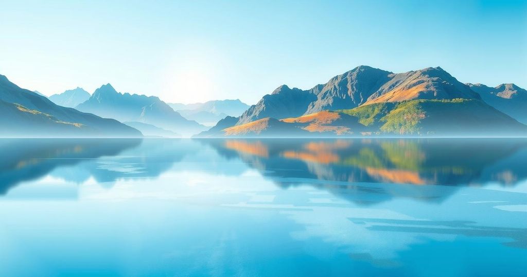 A serene landscape depicting diplomacy, featuring a calm water body and distant mountains under a clear sky.