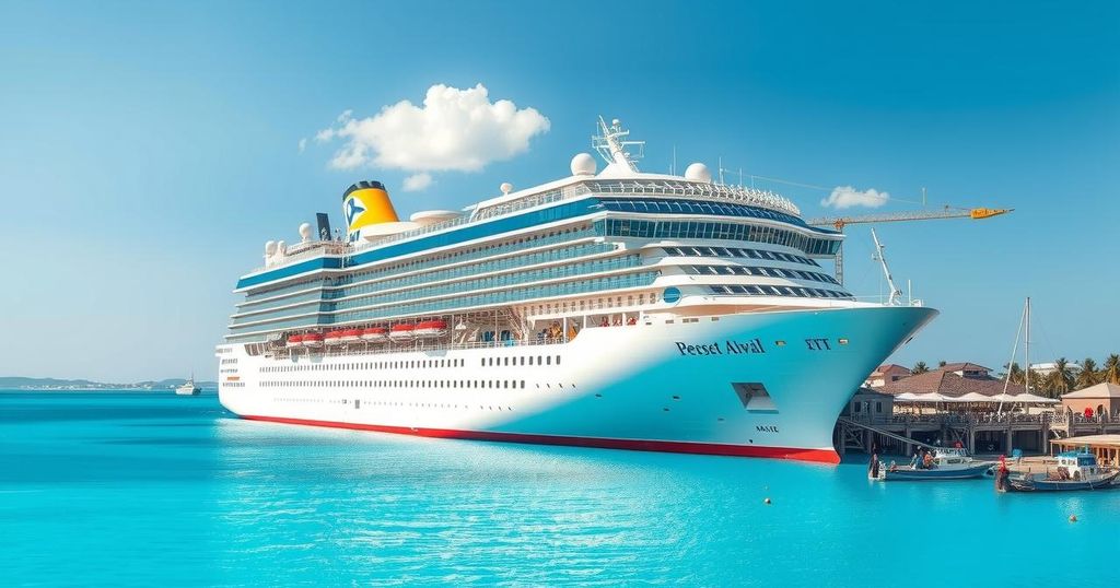 Cruise ship docked in port with clear sky and calm sea, representing travel and adventure.