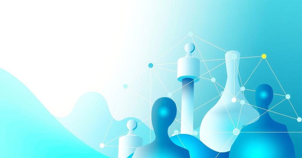 A political and business setting with abstract elements representing optimism and global relations.