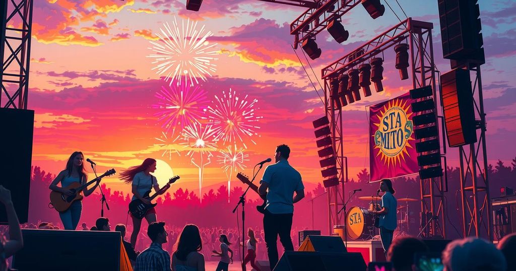 A vibrant festival scene at sunset featuring musicians with instruments, dancers, and fireworks lighting up the sky.
