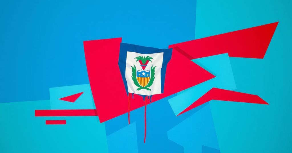 Colorful abstract of Haitian flag with geometric shapes symbolizing resilience and community unity.