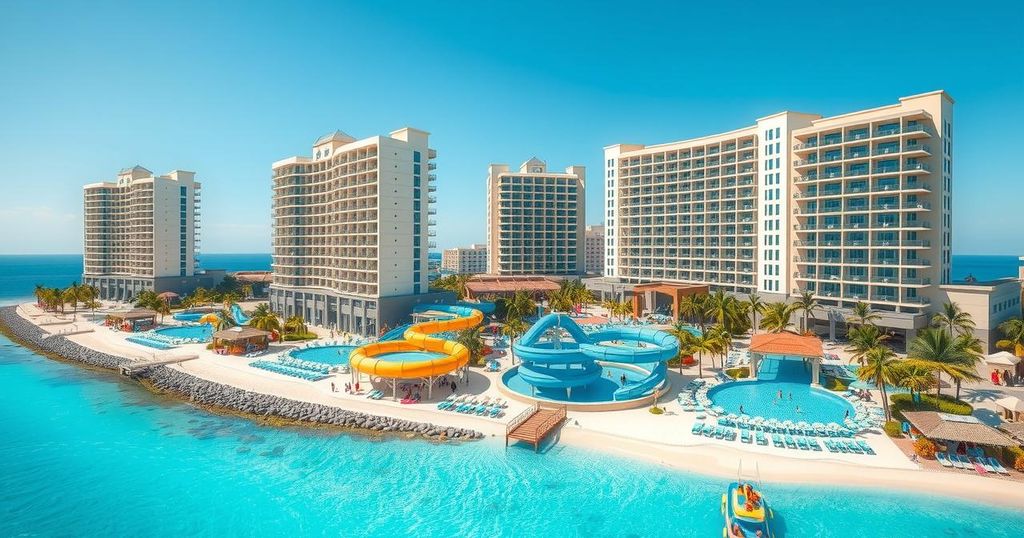 A modern beach resort with high-rise hotels and waterparks under a clear blue sky, showcasing luxury and architecture.