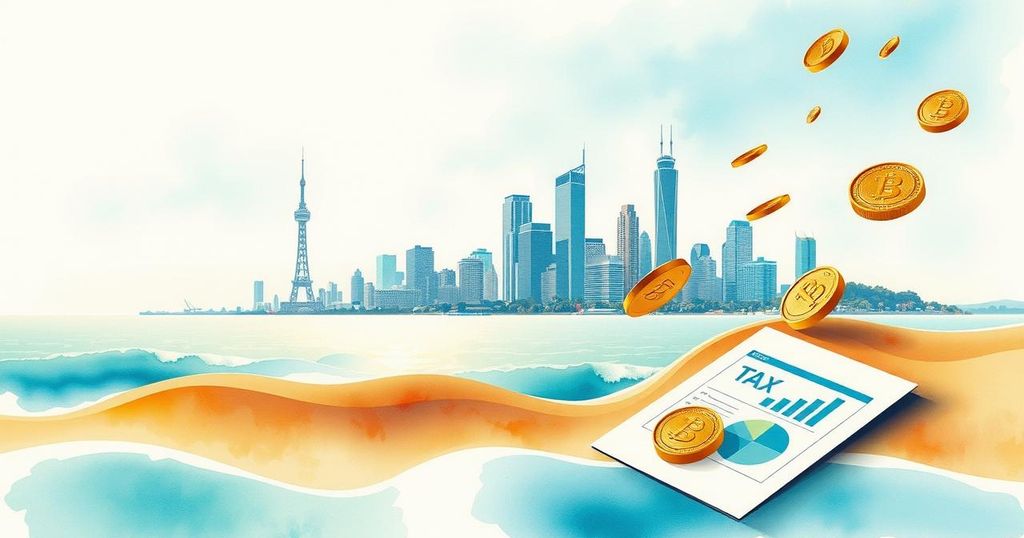 Oman's income tax introduction impacting Gulf countries with watercolor themed skyline and finance symbols
