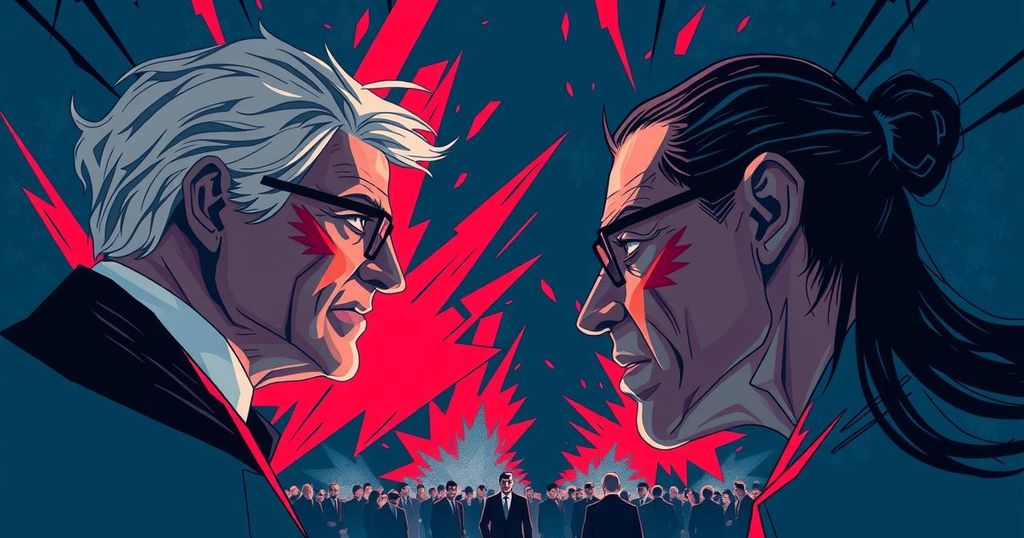 A digital illustration of a heated debate between two influential figures, featuring abstract symbols of rivalry.