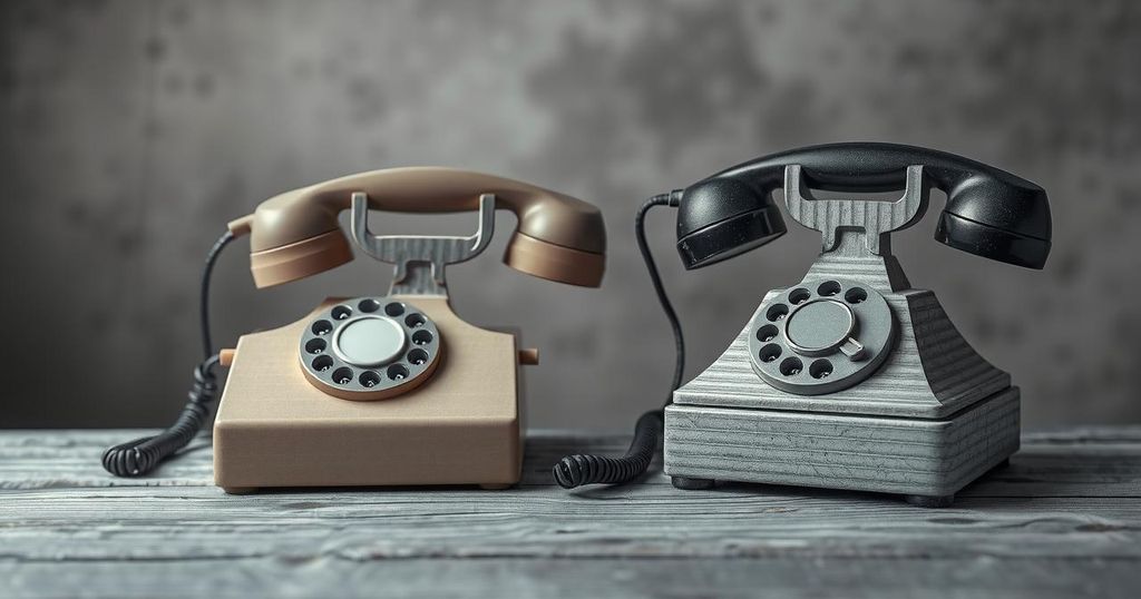 Two telephones on a table representing a diplomatic communication stalemate between two leaders.