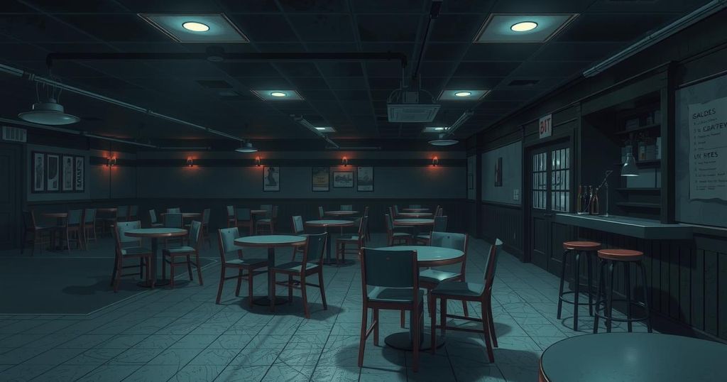 A dark bar setting with empty chairs and scattered tables, dim lighting creating a somber atmosphere.