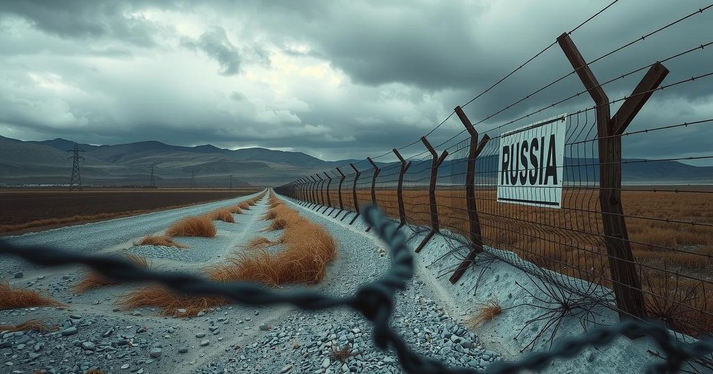 A tense landscape showing a border area between North Korea and Russia, symbolizing diplomatic tension and military cooperation.