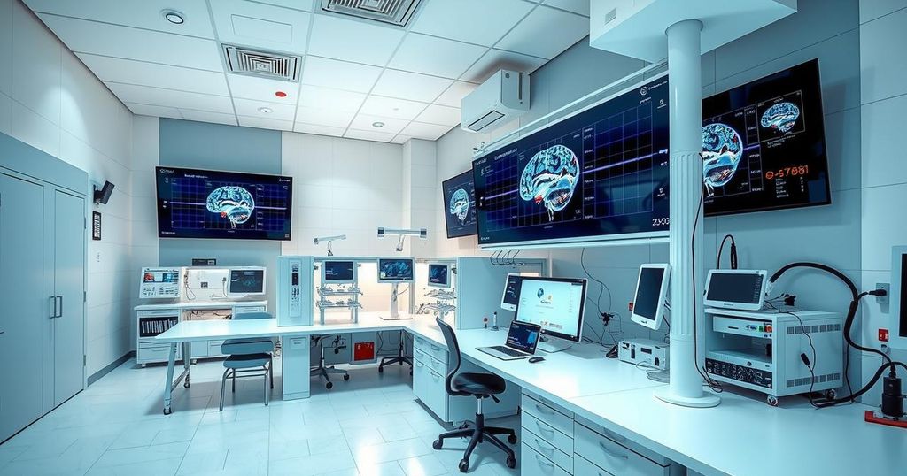Modern lab setting with advanced brain tech equipment for neuroscience research in a sleek, high-tech environment.