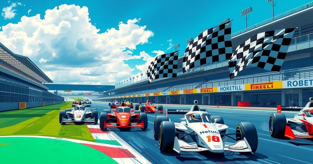Motorsport event with racing cars at a circuit under a clear blue sky, featuring checkered flags and grandstands.