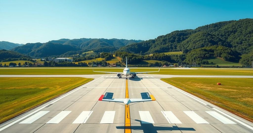 A flight landing in a rural setting with an empty runway and surrounding lush greenery under a blue sky.
