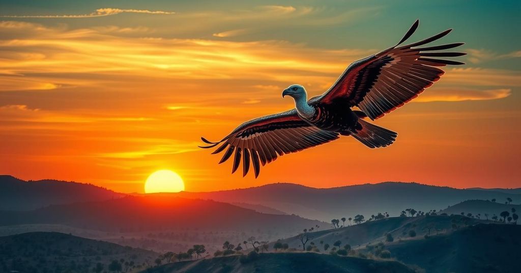 A majestic vulture soaring over a vibrant African landscape at sunset, showcasing nature's beauty and wild essence.