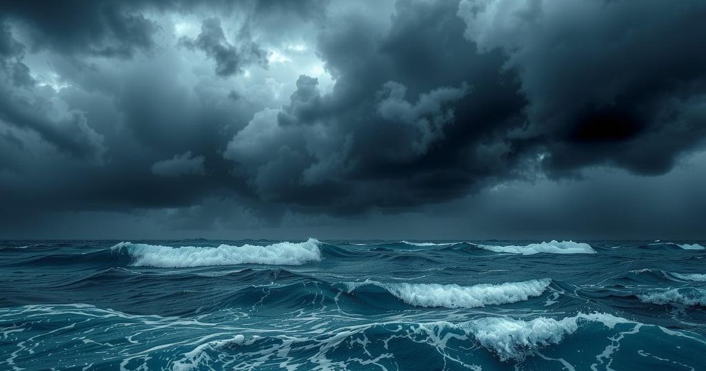 A stormy ocean scene with dark clouds and turbulent waves, representing extreme weather conditions.