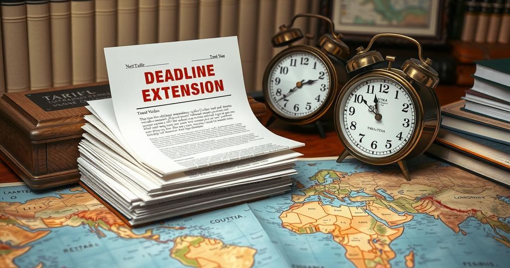 A stack of tariff letters on a desk with a clock showing a deadline extension, surrounded by maps of various countries.