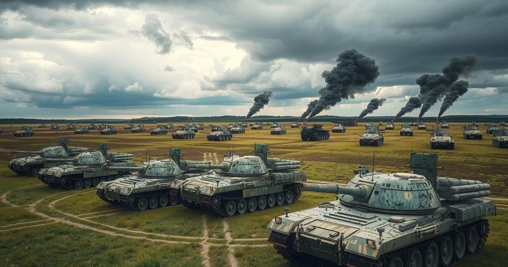 Military equipment and tanks on a battlefield under a cloudy sky, showcasing cooperation between nations.