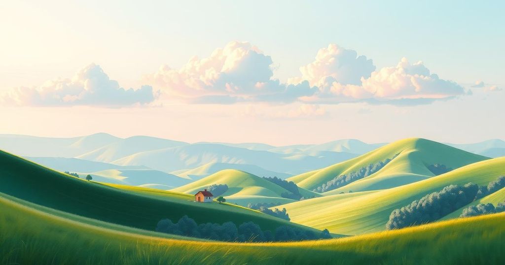 A peaceful landscape of lush mountains and a serene sky, reflecting harmony and nature's beauty.
