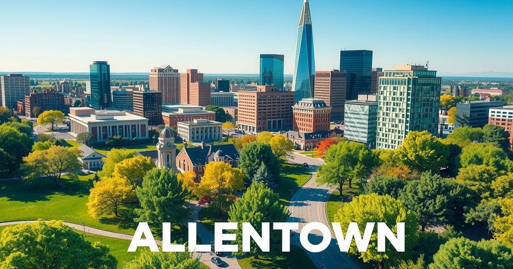 Allentown cityscape with a vibrant skyline and lush greenery, representing local government engagement.