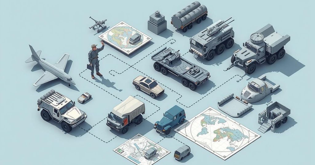 Illustration of bold military partnerships with maps and military equipment in a merging color palette of blue and gray.