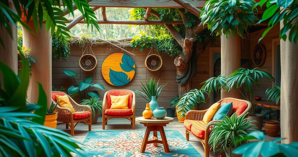 Sacred retreat space in Ghana with natural elements, vibrant colors and serene surroundings for holistic healing.