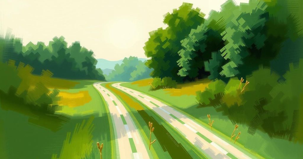 Two roads diverging in a peaceful landscape, symbolizing political choices and leadership transitions amidst nature.