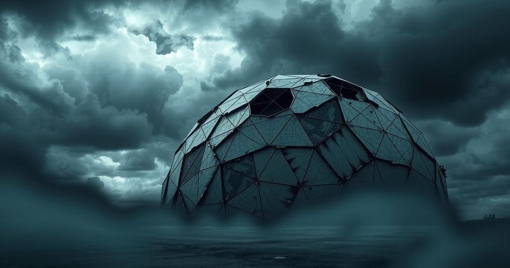 Geodesic dome damaged by an attack surrounded by a cloudy sky and intense atmospheric effects.