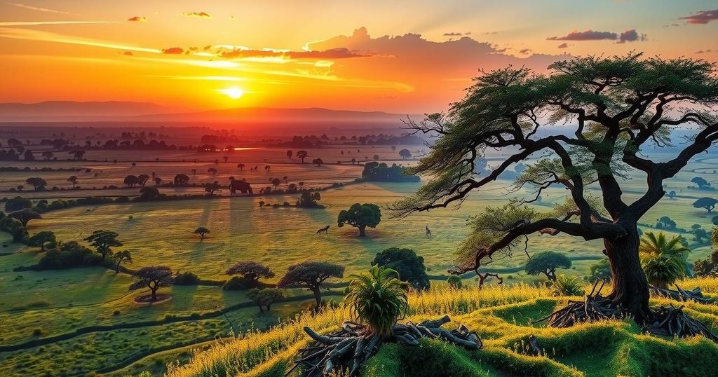 Symbolic landscape of Angola with lush greenery and serene savanna under a vibrant sunset sky