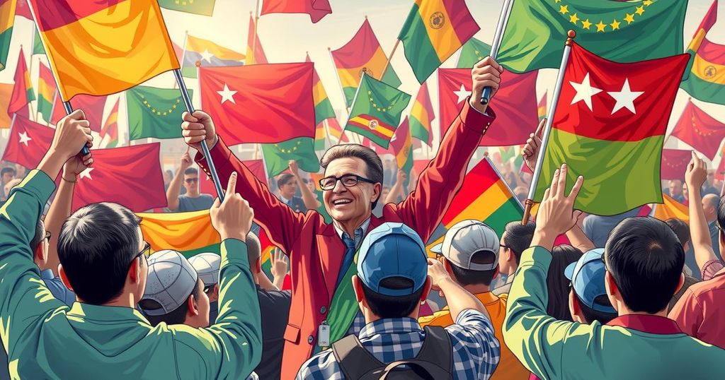 A colorful political rally scene with flags and banners in support of a long-serving leader.