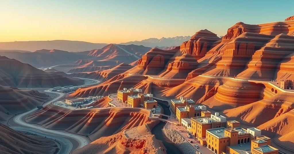 Morocco's Anti-Atlas mountains with terraced villages and mining sites for cobalt exploration in a warm color palette.