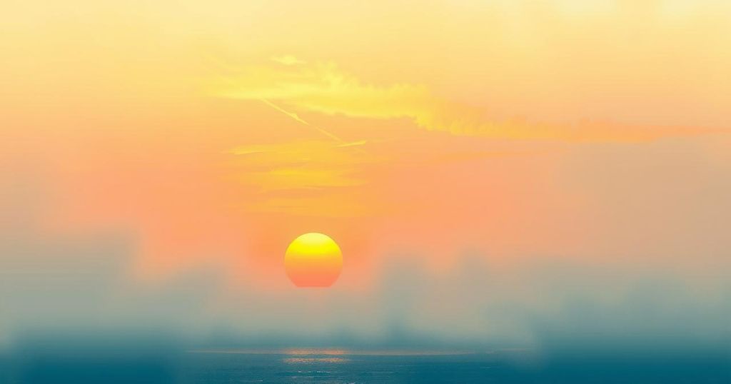 A serene landscape in Trinidad and Tobago with hazy skies and light clouds, reflecting warm golden tones at sunset.